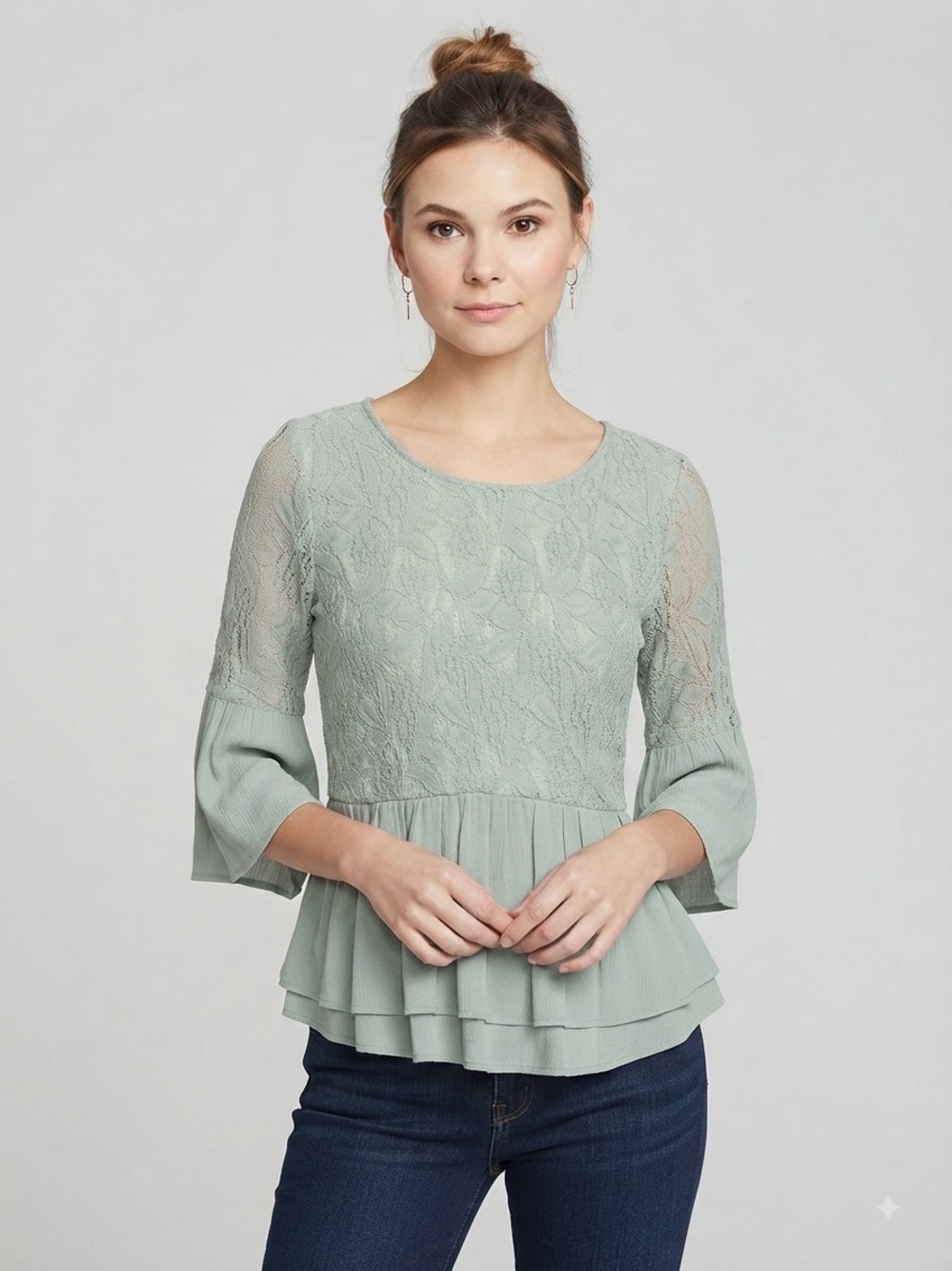Entro Light Sage Lace Tiered Peplum Blouse